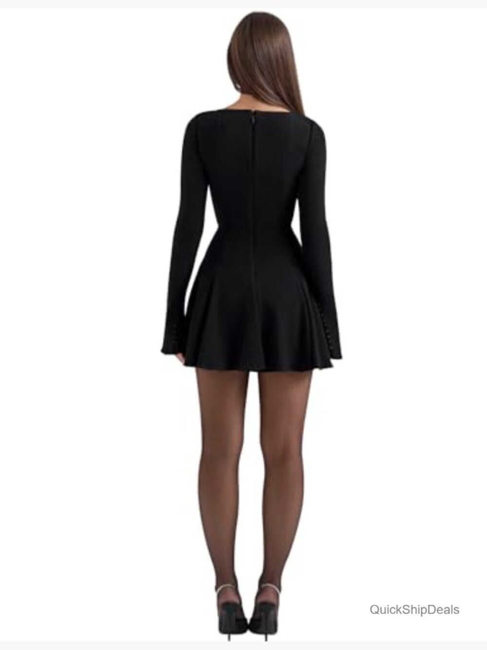 Long Sleeve Boat Neck Bodycon Mini Dress Pleated Fit and Flare Prom Dress - Picture 4 of 6